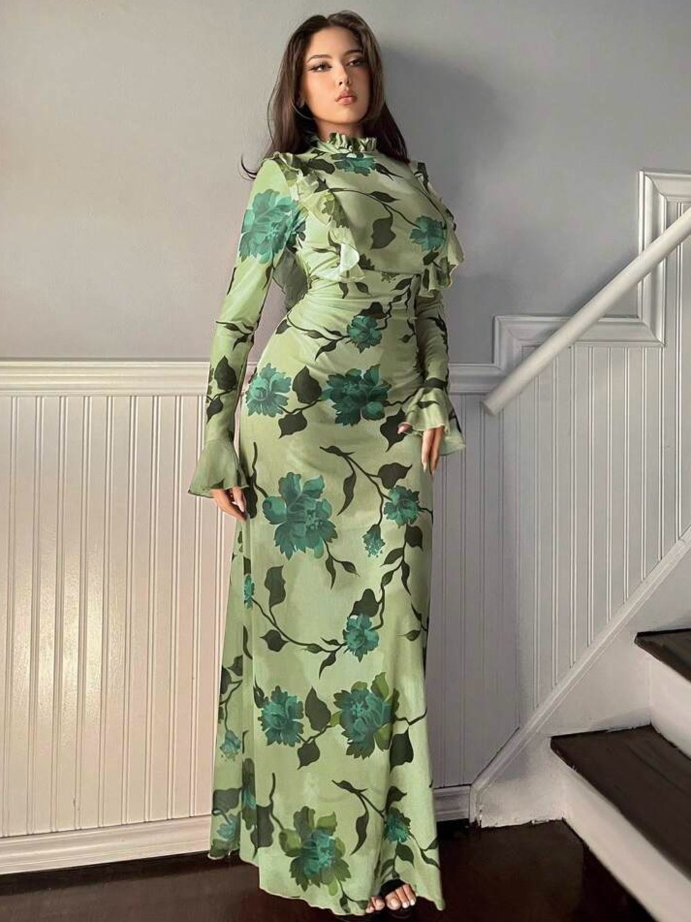Green Floral Open-Back Maxi Dress - S - Picture 2 of 6